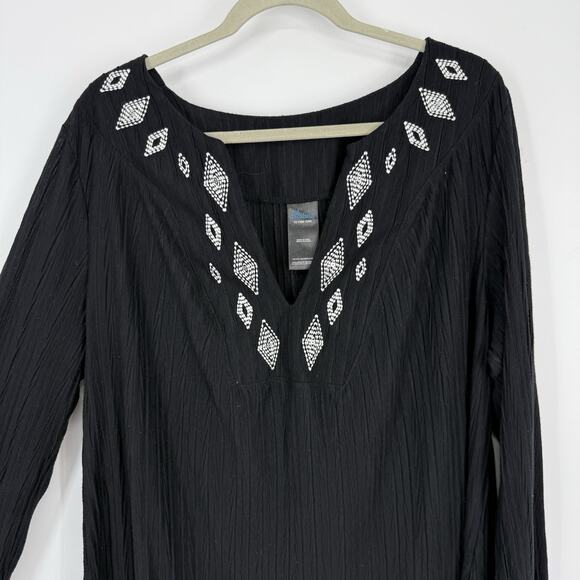 Catalina Women size 2X Swim Cover Tunic Black Aztex Embroidered Long Sleeve V Ne - Picture 3 of 8
